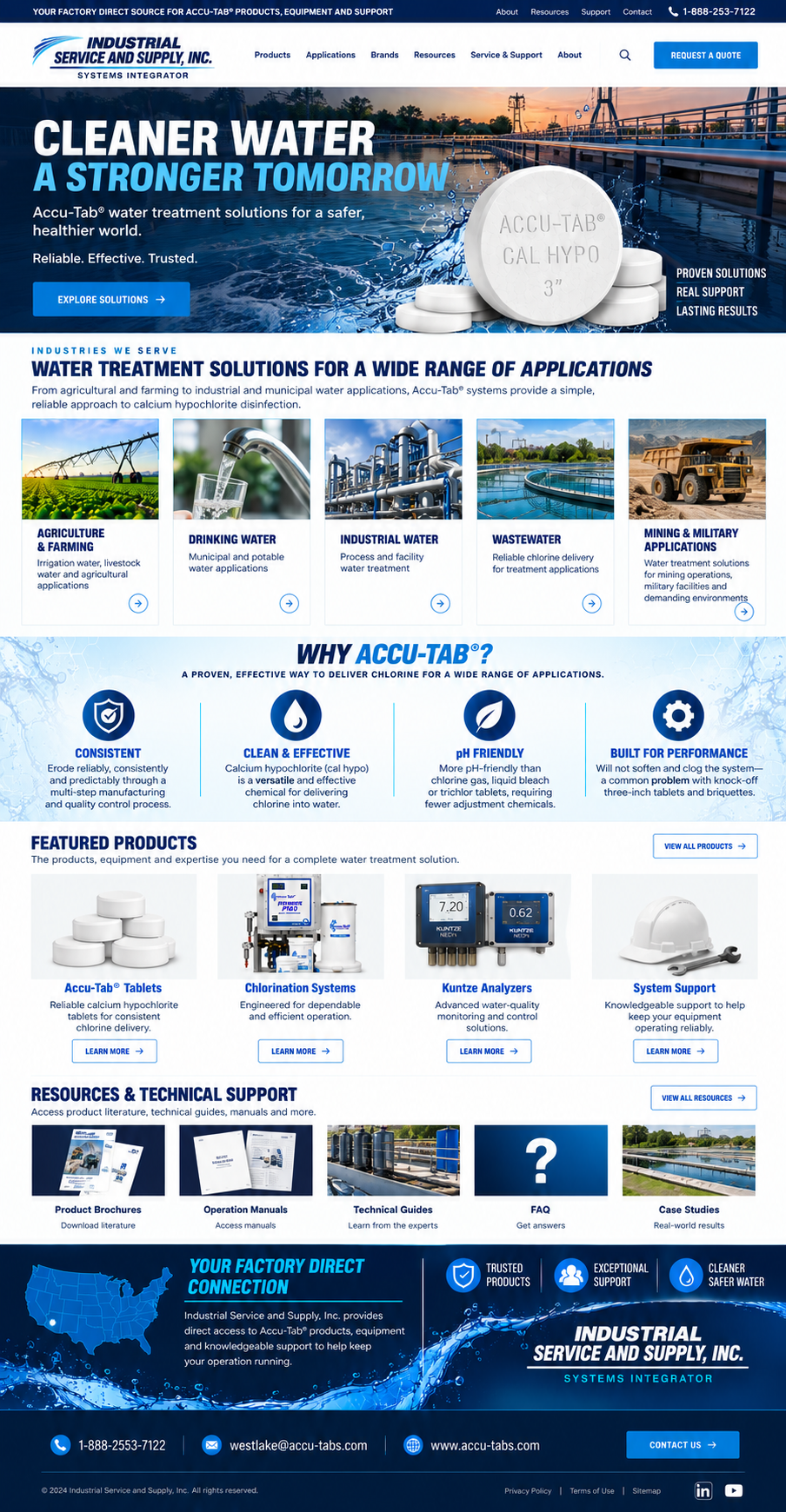 Industrial Service and Supply homepage featuring Accu-Tab water treatment solutions, application categories, product highlights, technical resources, factory-direct support, and contact information.
